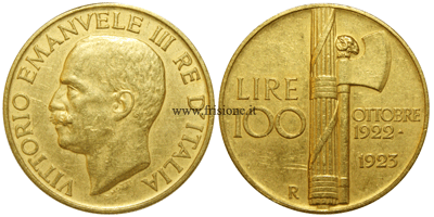 100 lire oro 1923 fascio vittorio emanuele 3