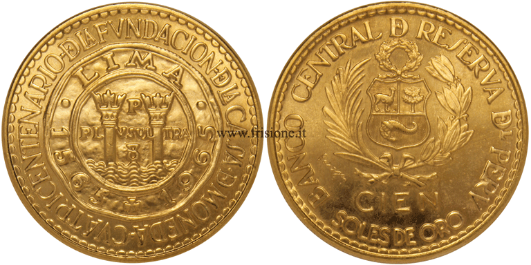 Perù - 100 Soles oro 1965 - 400 anni zecca